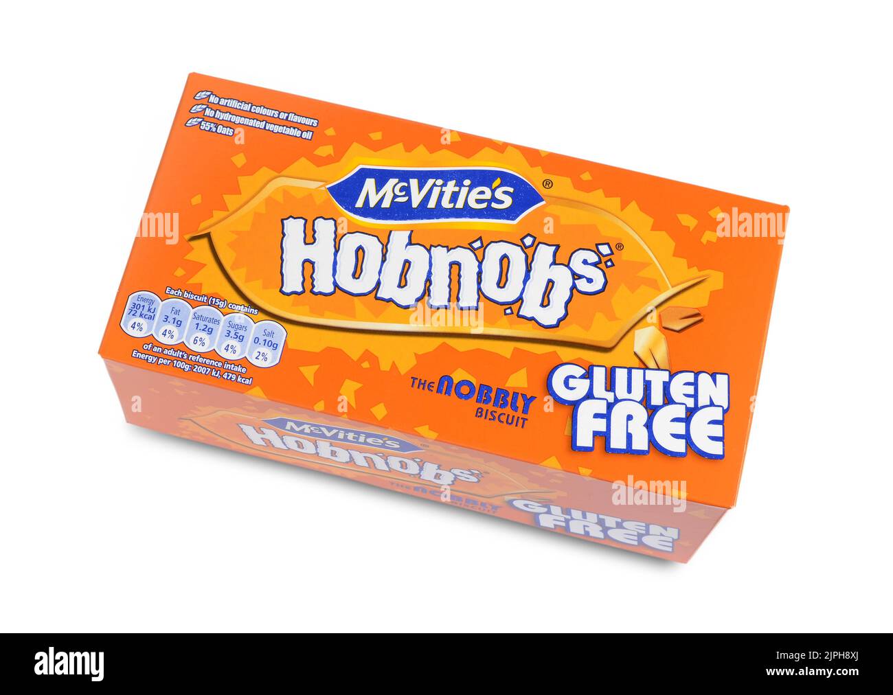 Pack shot of McVities Gluten Free Hobnob's biscuits on white background cut out Stock Photo