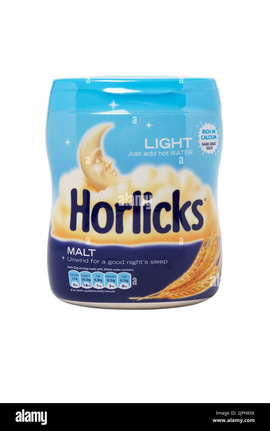 Jar of Horlicks light malt drink powder. Studio shot, isolated on white background. Horlicks is