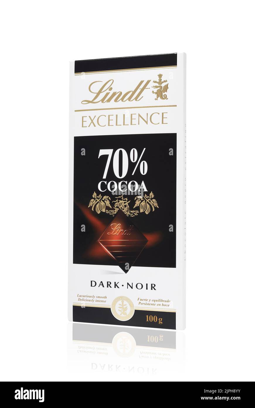Studio shot of 100g Lindt bar of dark chocolate.Lindt & SprŸngli AG are