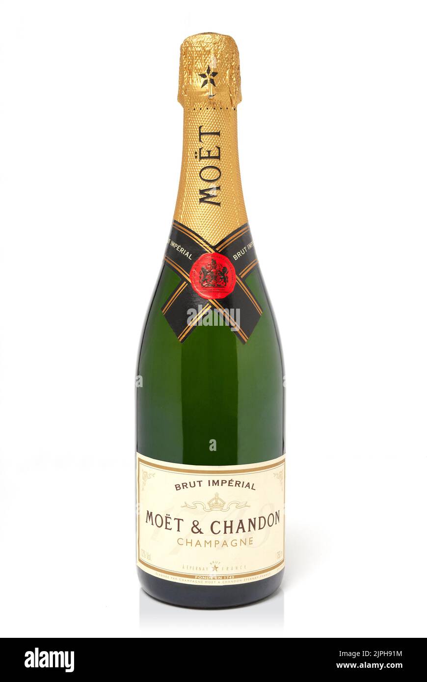 Bottle of Moet and Chandon Champagne on the blue background. Stock Photo