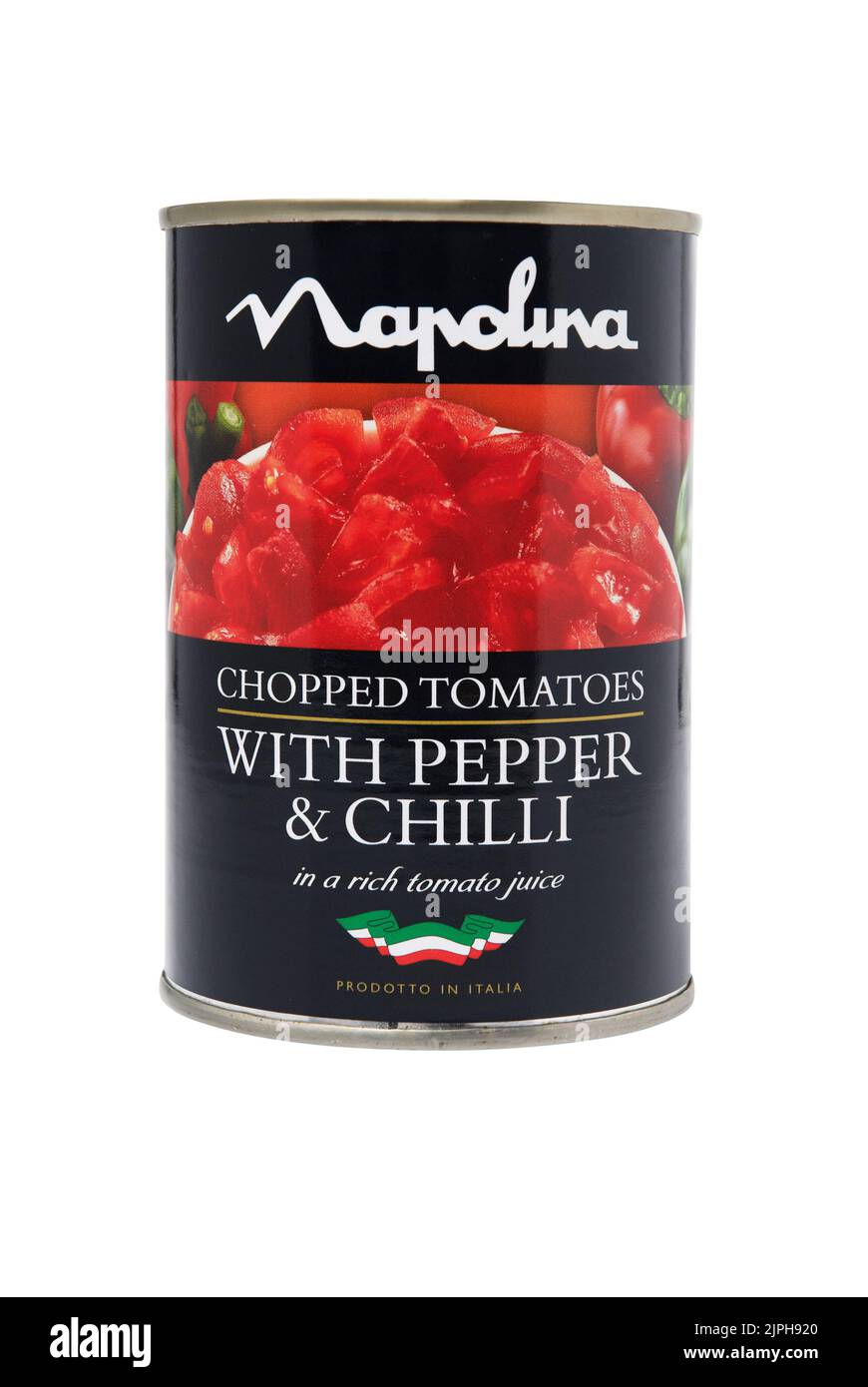 Tin of Napolina chopped tomatoes with pepper and chilli. Studio shot, isolated on white with path. cut out Stock Photo