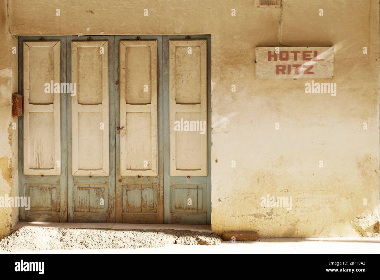 Marsalforn, Gozo, Malta Exterior entrance area of empty abandoned Hotel Ritz Stock Photo