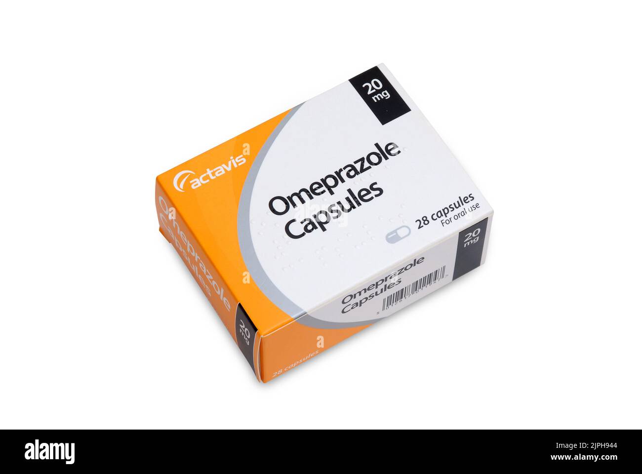 Photograph of packshot 20mg Omeprazole capsules. Omeprazole is a proton pump inhibitor Stock Photo