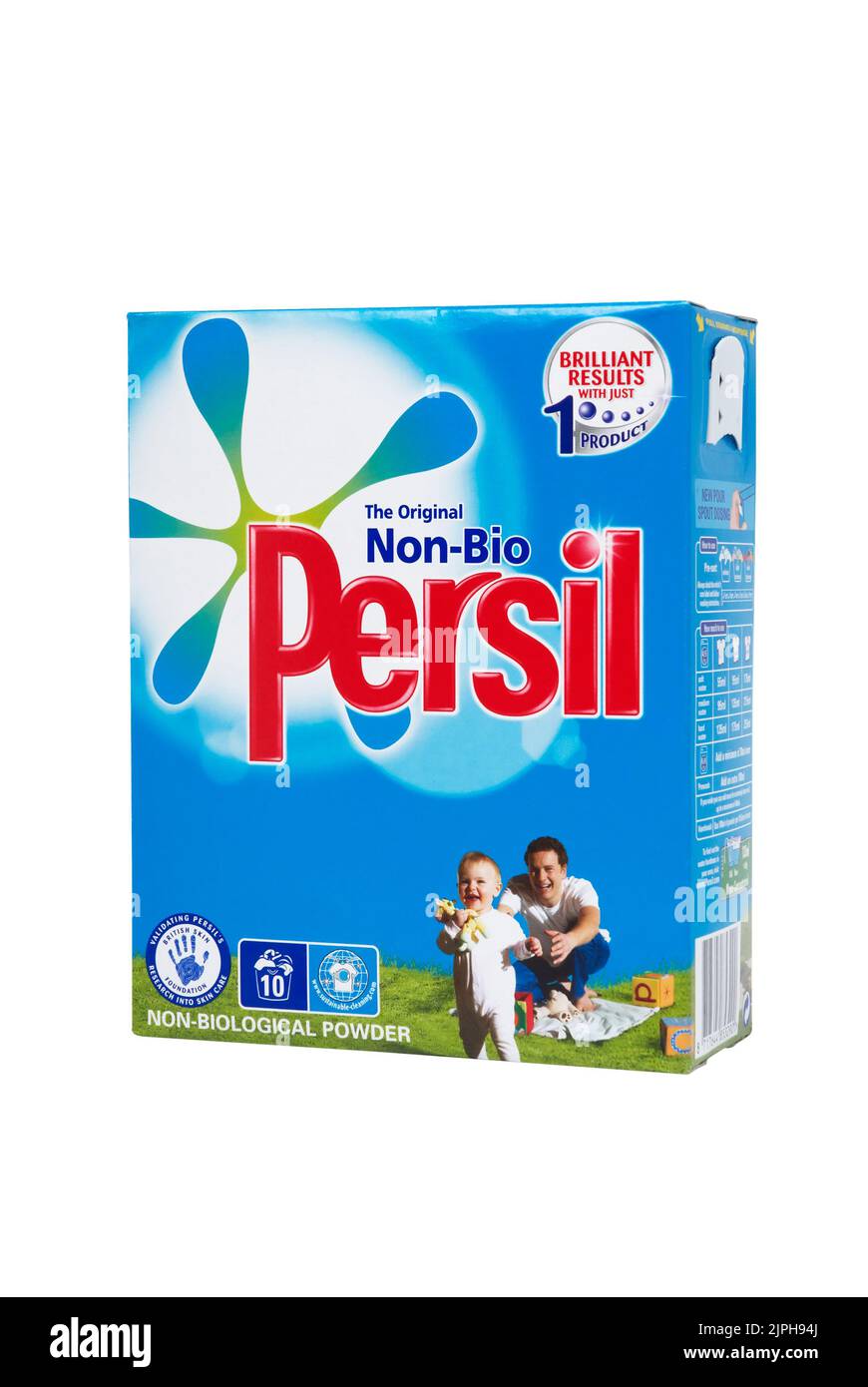 Box of Persil non-bio washing powder, studio shot on white background. Persil is a brand of laundry detergent Stock Photo
