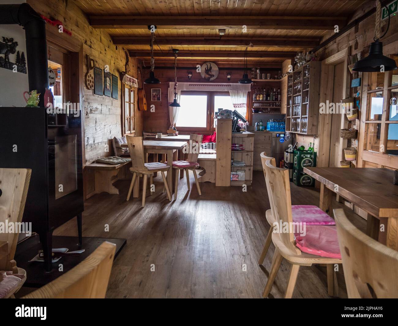 This is Gams Hut mountain refuge interior managed by DAV Sektion Otterfing. Located on the high level walking route known as the Berliner Hohenweg Stock Photo