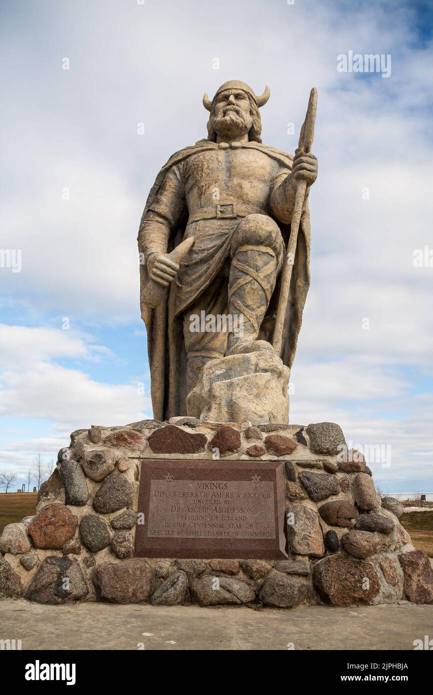 Vertical view of old Viking statue on waterfront of lake Winnipeg in Gimli, Manitoba, Canada