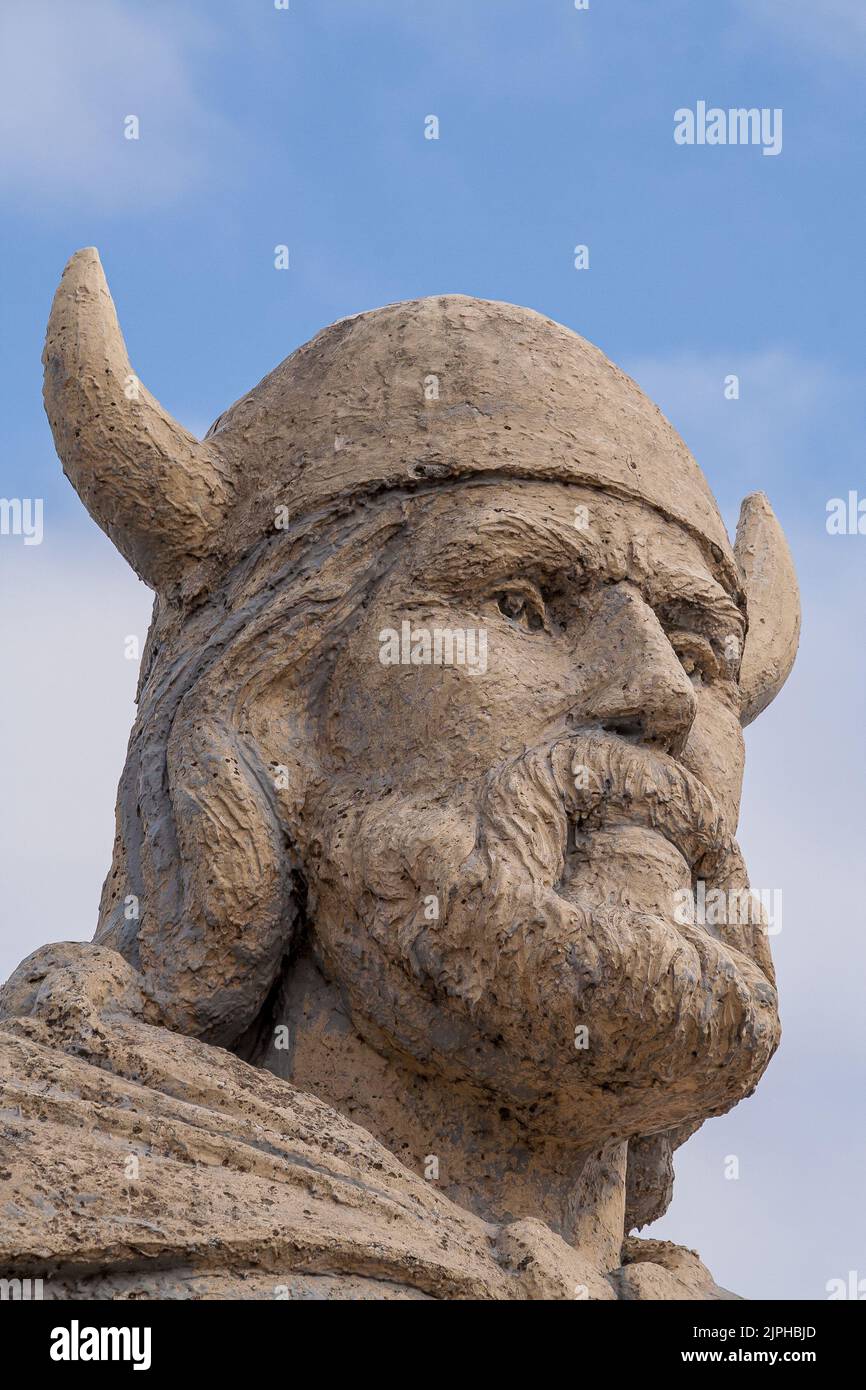 Side view of head of a Viking statue on waterfront of lake Winnipeg in