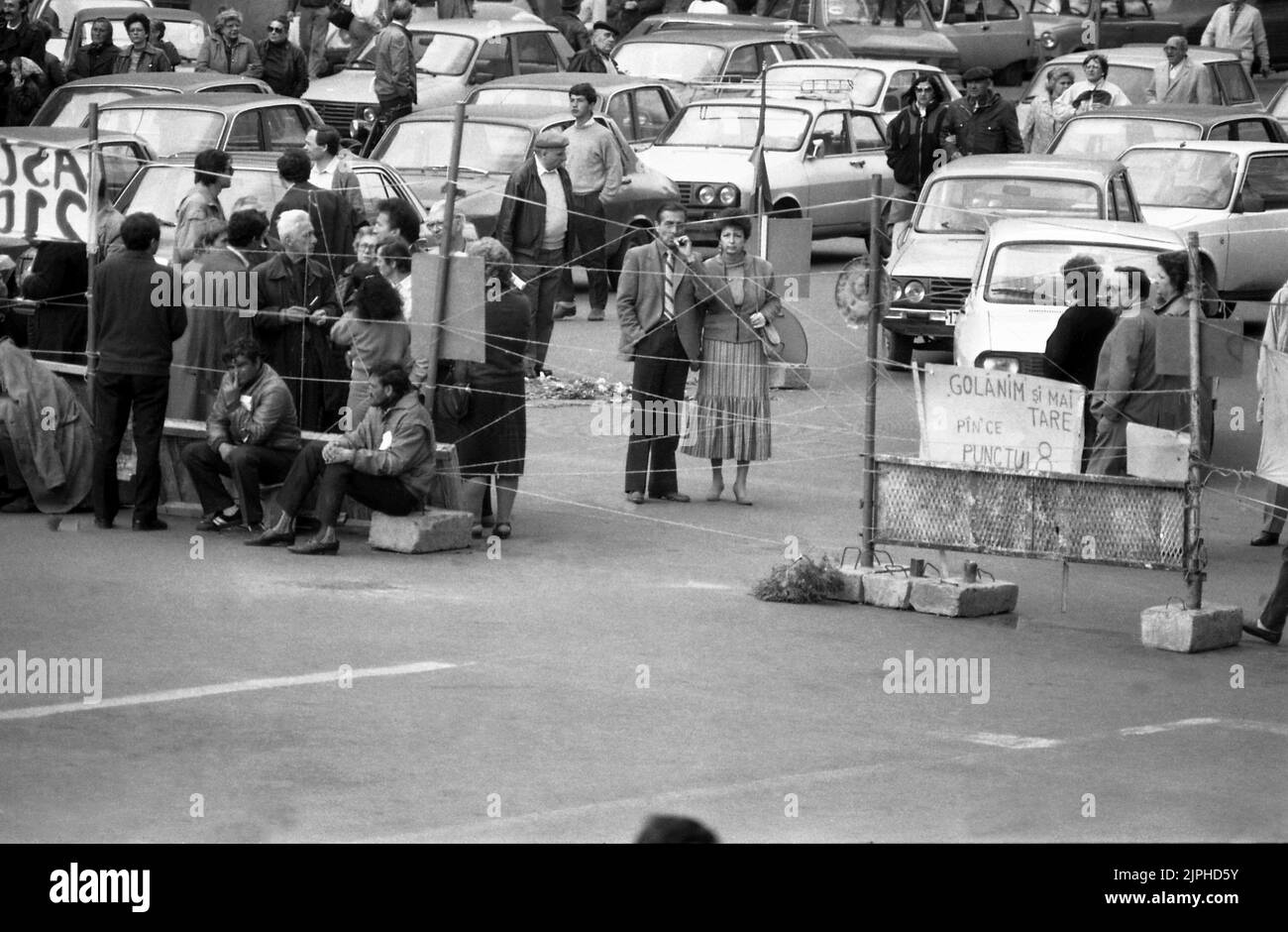 Bucharest, Romania, April 1990. 'Golaniada', a major anti-communism protest following the Romanian Revolution of 1989. People would gather daily to protest the ex-communists that grabbed the power after the Revolution. The protesters occupied and enclosed a large area in the University Square. Stock Photo