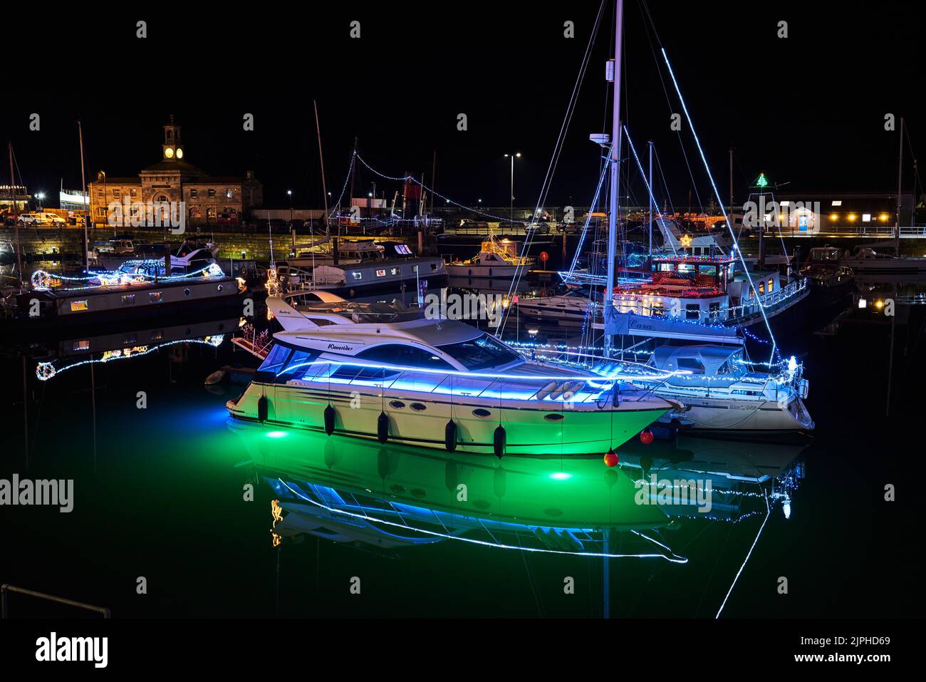 The Christmas lights at Ramsgate Royal Harbor with lots of ships and