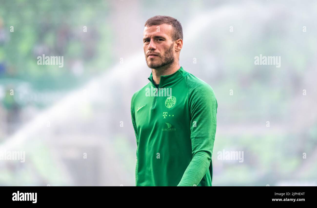 BUDAPEST, HUNGARY - MAY 11: Franck Boli of Ferencvarosi TC celebrates after  scoring a goal with Miha Blazic of Ferencvarosi TC during the Hungarian Cup  Final match between Ferencvarosi TC and Paksi