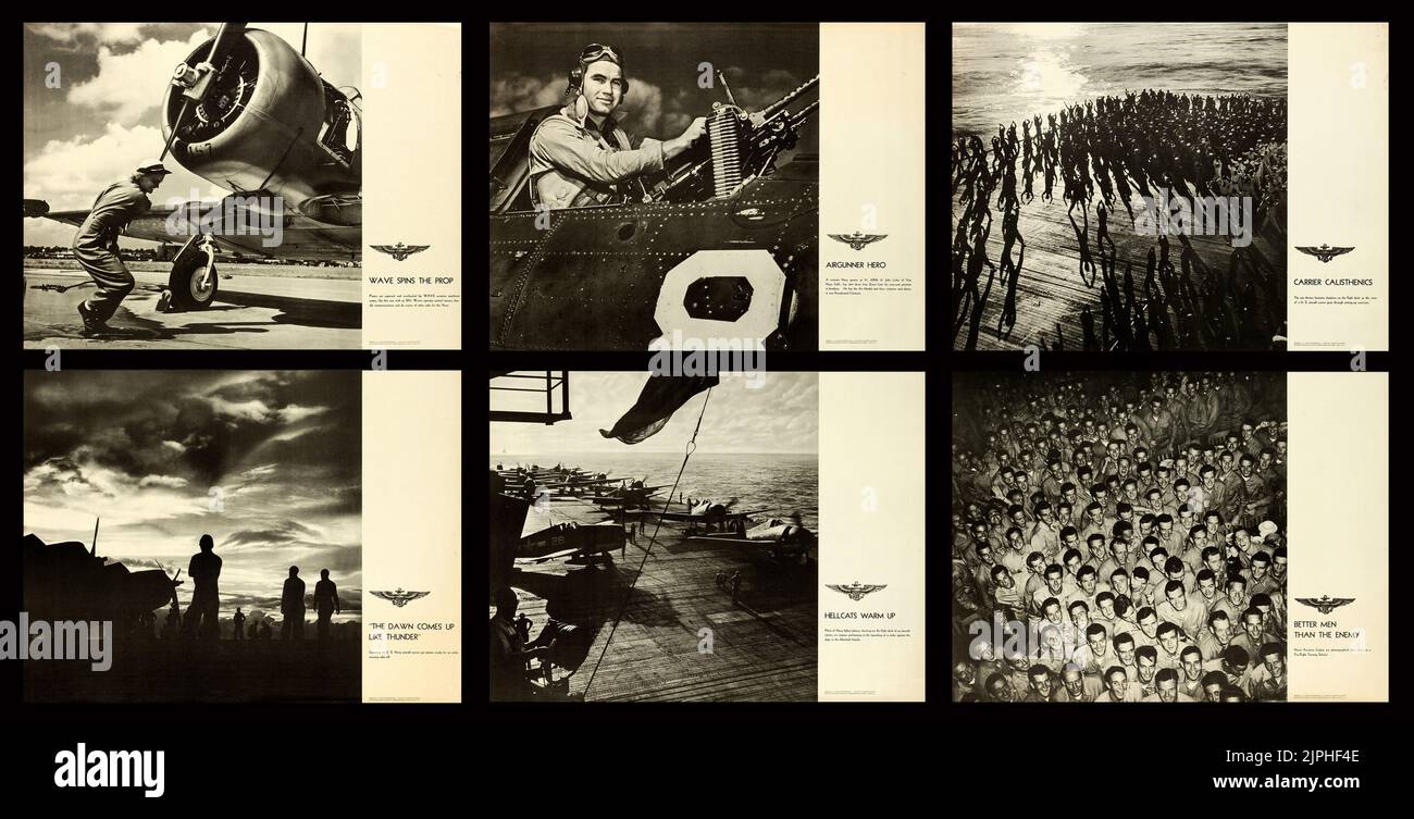 Set of six World War II U.S. Naval Aviation (U.S. Navy, Early 1940s) - Aviation Training Posters - high resolution. US Soldiers preparing for the war. Stock Photo