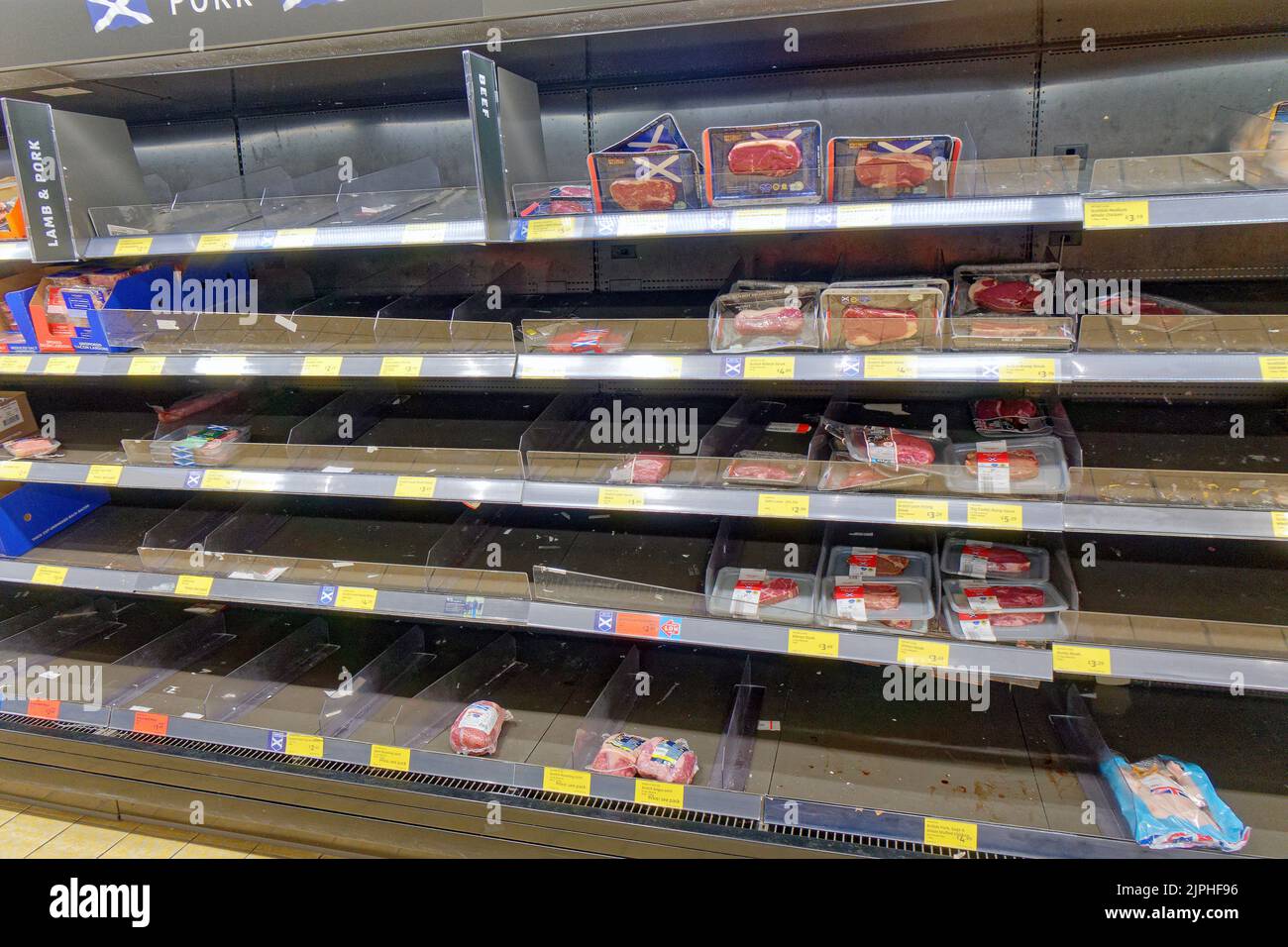 Glasgow, Scotland, UK 18th August, 2022. Empty supermarket shelves in