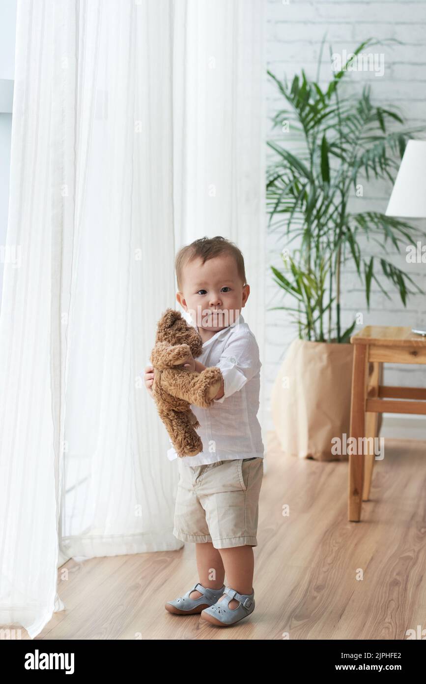 Portrait of mixed-race baby boy holding his teddy bear Stock Photo - Alamy