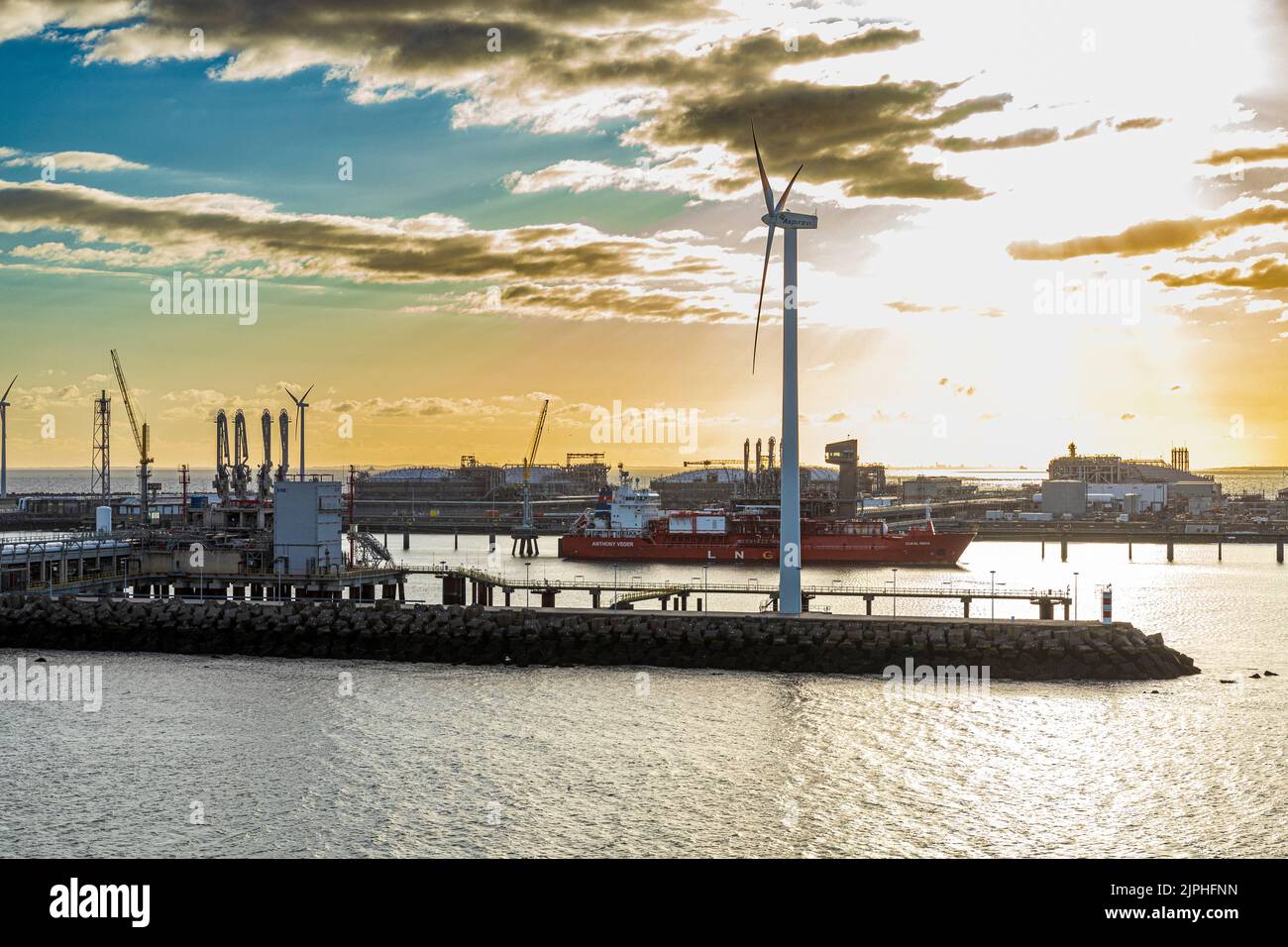 Daybreak in the harbour at Zeebrugge, Belgium Stock Photo