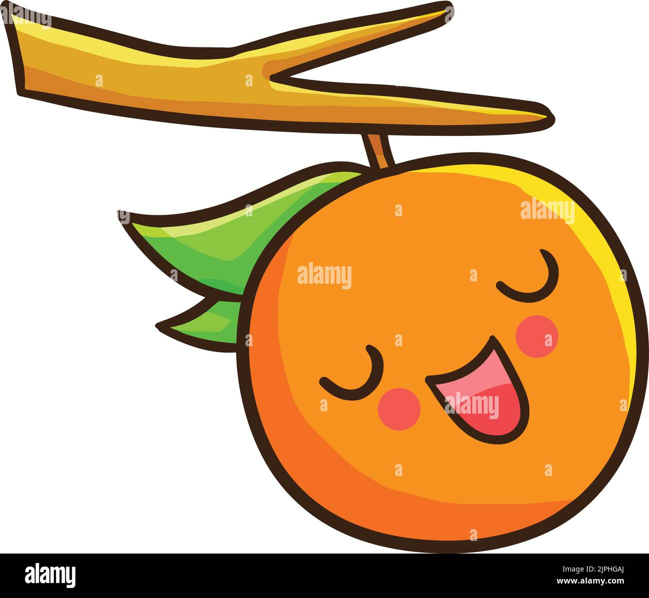 A graphic design of a smiling orange hanging on the branch of the tree isolated on a white background Stock Vector