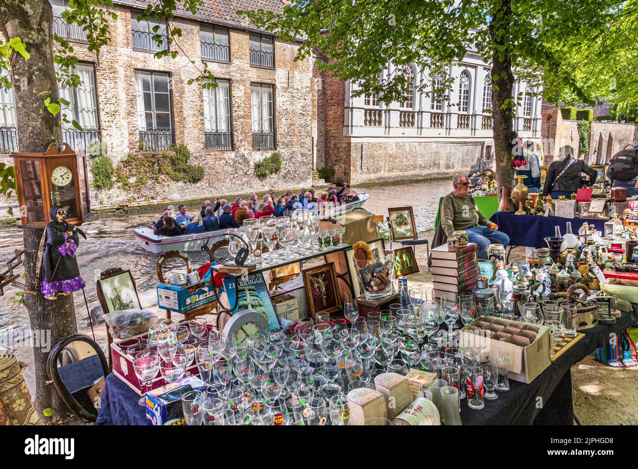 The Saturday morning Flea market along the Dijver beside the canal in Bruges, Belgium Stock Photo
