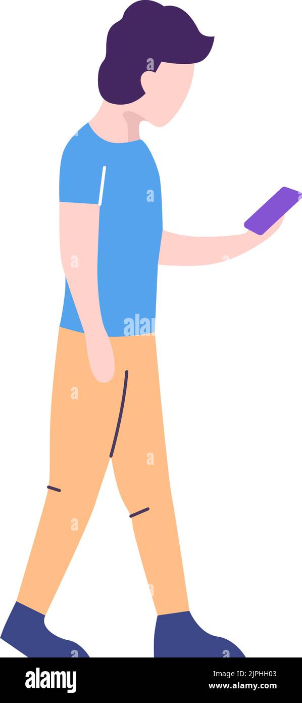 Man chatting by phone vector icon. Guy using mobile internet walking ...