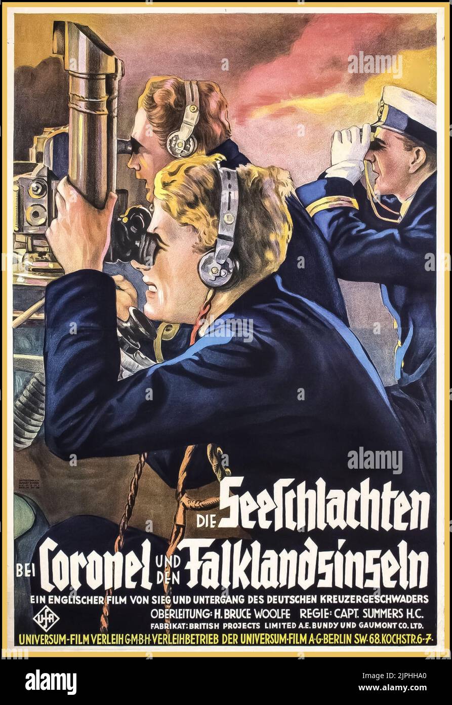 Vintage 1927 film poster for The Naval Battles Of Coronel And Falkland Islands, a British documentary. Die Seeschlachten Bei Coronel Und Den Falklandinsein Film Poster (German version poster for the film). Walter Summers and H. Bruce Woolfe in The Battles of Coronel and Falkland Islands (1927) Stock Photo