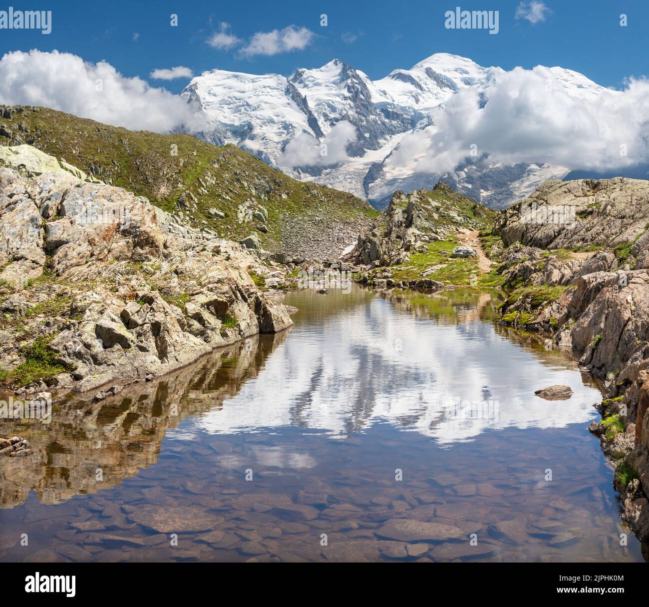 The panorama of Mont Blanc massif  and Les Aiguilles towers. Stock Photo