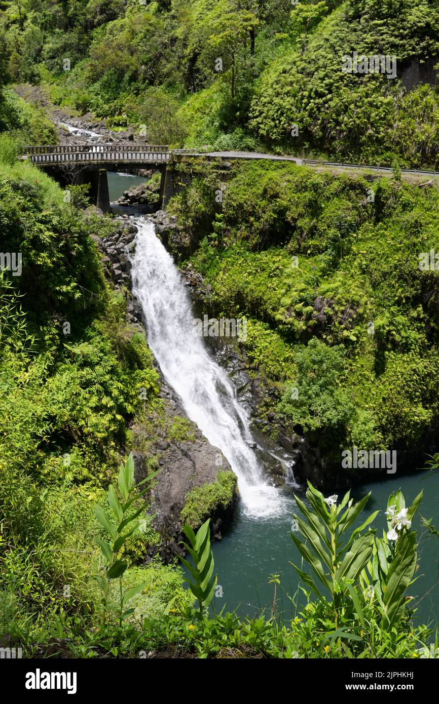 Road to Hana waterfall, mile 21, Maui, Hawaii Stock Photo