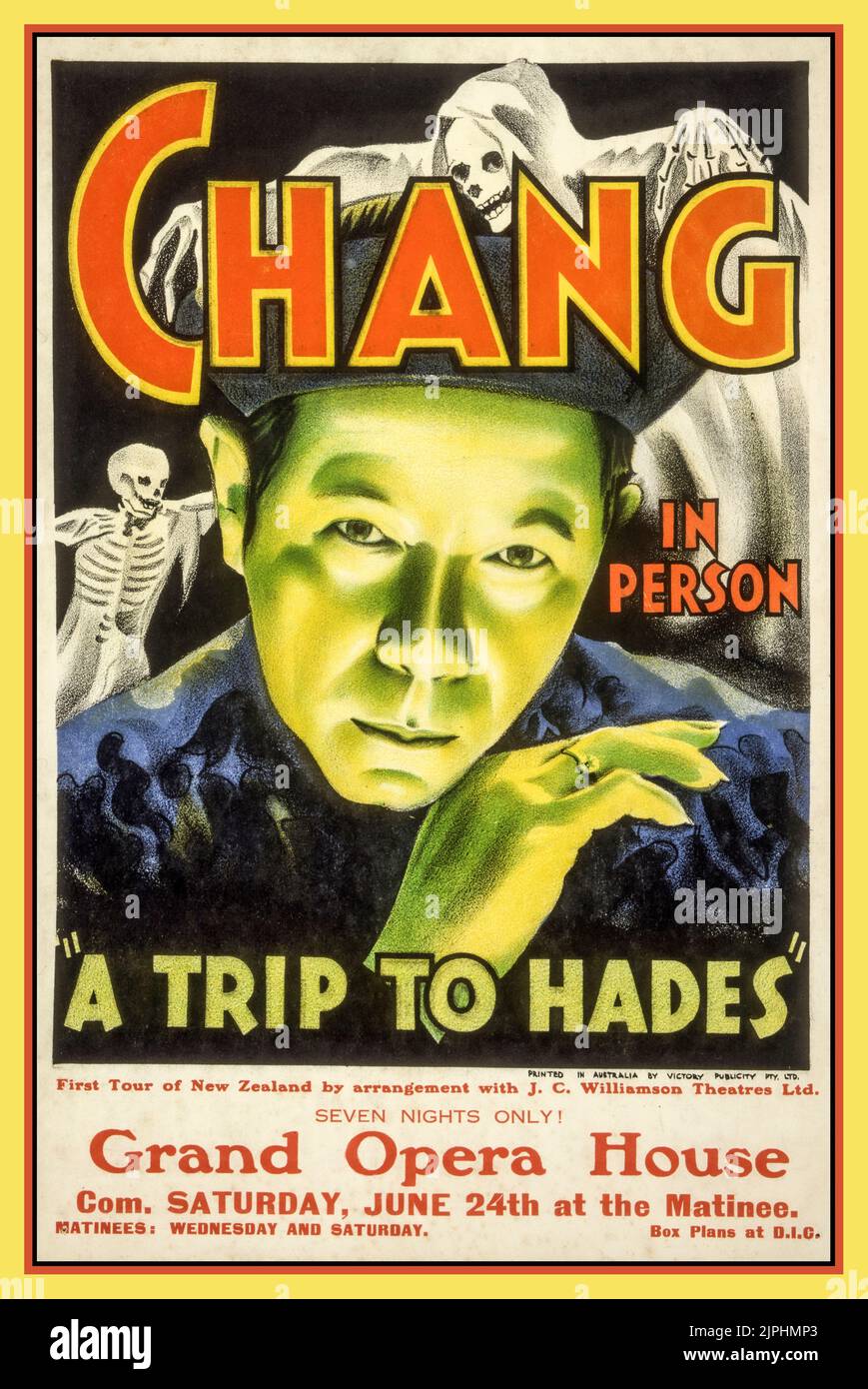 Vintage 1930s Theatre Poster 'CHANG in Person'  ''A trip to Hades' This poster is example of the rich colour of posters in the 1930s, and uses the technique of lighting the face from below, to convey the thrill and drama of a magic show, and suggest a dark mystery.  Reviews of the shows were enthusiastic about Chang’s marvellous sleight of hand with bowls of water and bowls of sand. Stock Photo