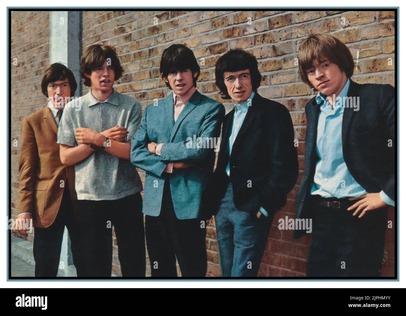 Vintage early 1958 Rolling Stones Promotional Promo Poster Card with L-R Charlie Watts, Mick Jagger, Keith Richards, Bill Wyman and Brian Jones. Pop music group in the UK that became one of the greatest British Pop groups of all time. Stock Photo