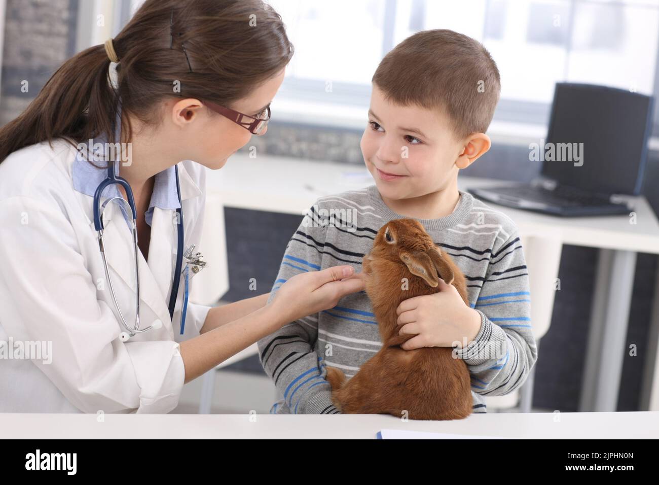 child, animal love, explaining, rabbit, veterinarian, veterinary
