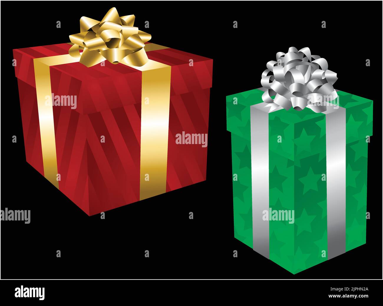A vector illustration of two wrapped holiday Christmas gift box presents. Stock Vector