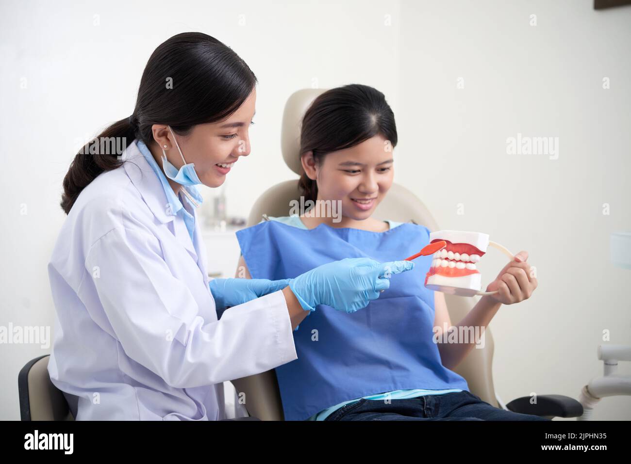 Dentist explaining her patient how to brush teeth Stock Photo Alamy