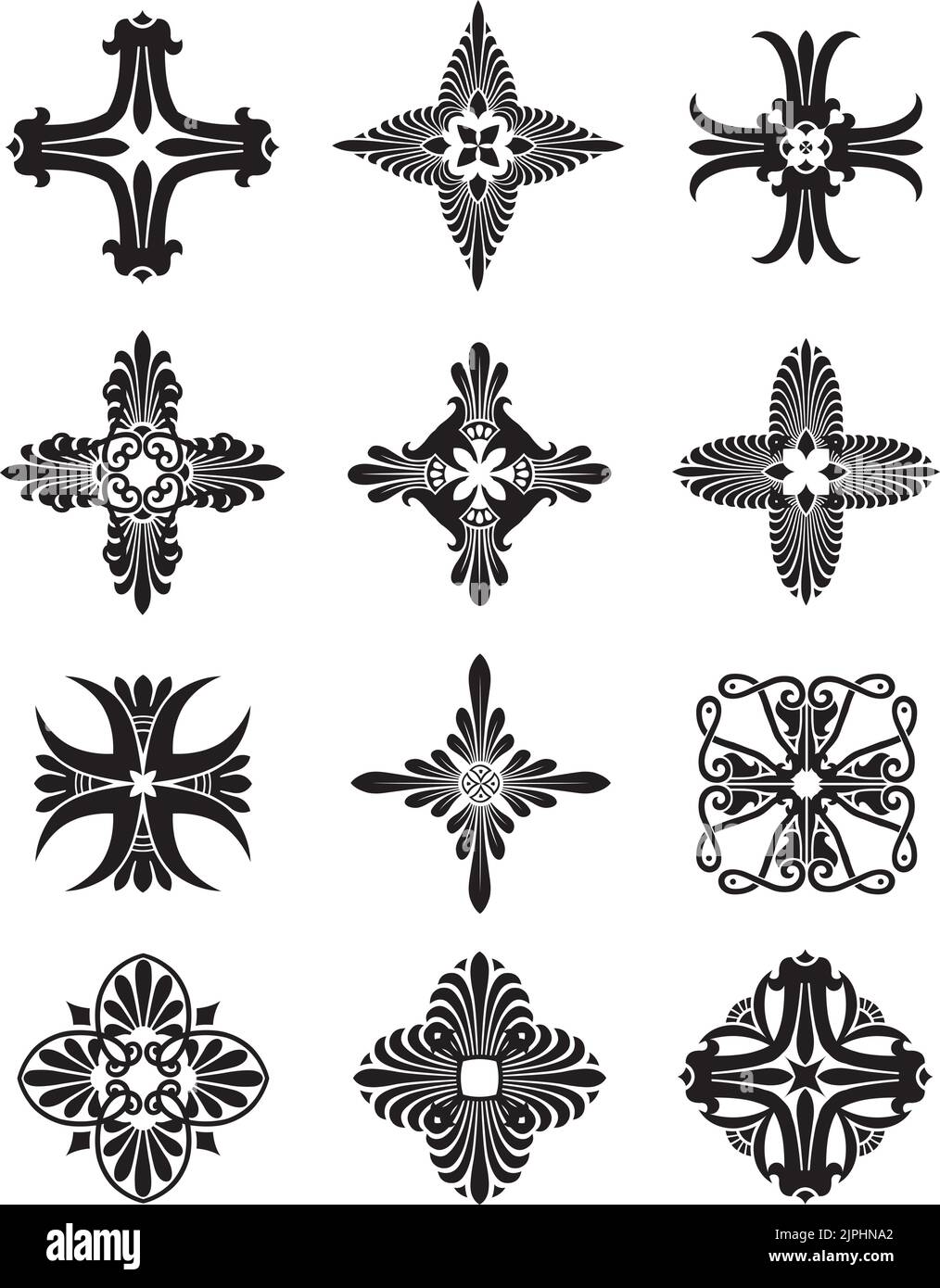 A set of vintage vector decorative greek style icons in the shape of crosses. Stock Vector