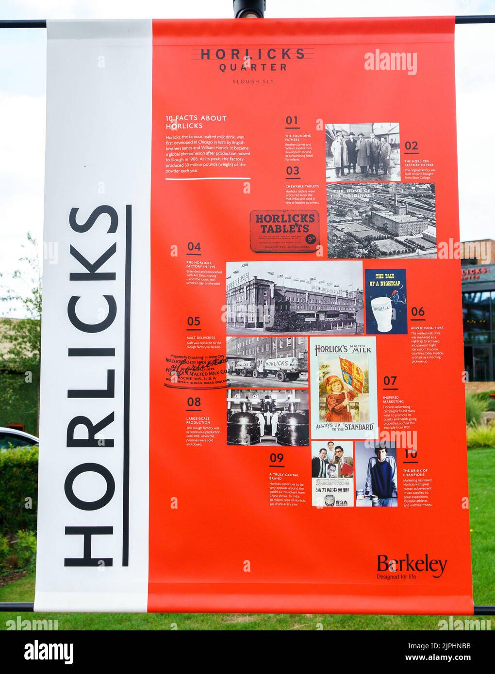 A posted display in the Horlicks Quarter, Slough, Berkshire, setting out the history of the are from decommissioned factory to a housing development. Stock Photo