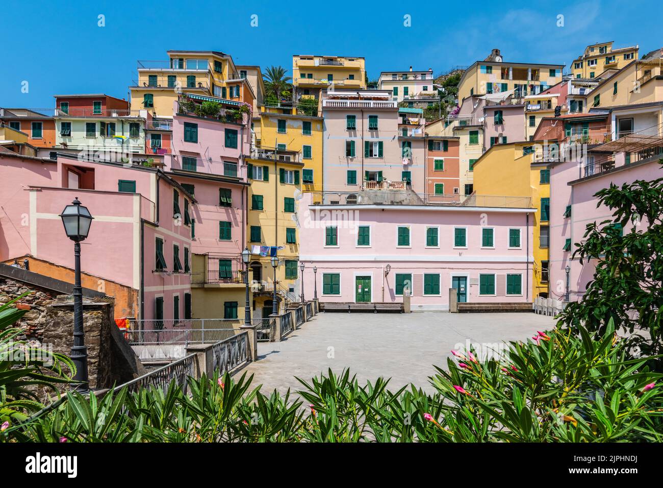 Riomaggiore colorful houses in town. Cinque Terre, Italy. Stock Photo