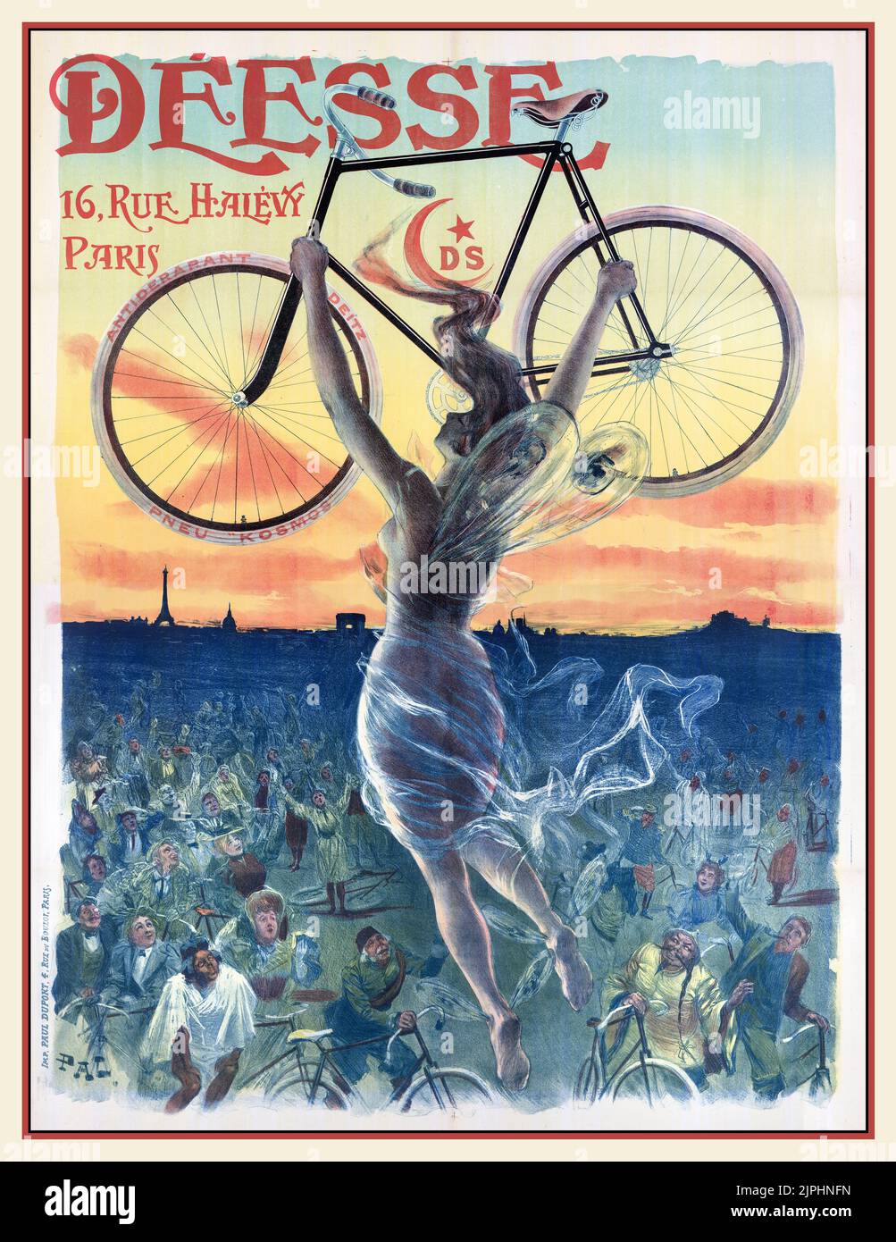 Vintage 1898 French Bicycle poster for DEESSE with Kosmos Pneau (tyres) by Jean de Paleogu Rue Halevey Paris France Stock Photo