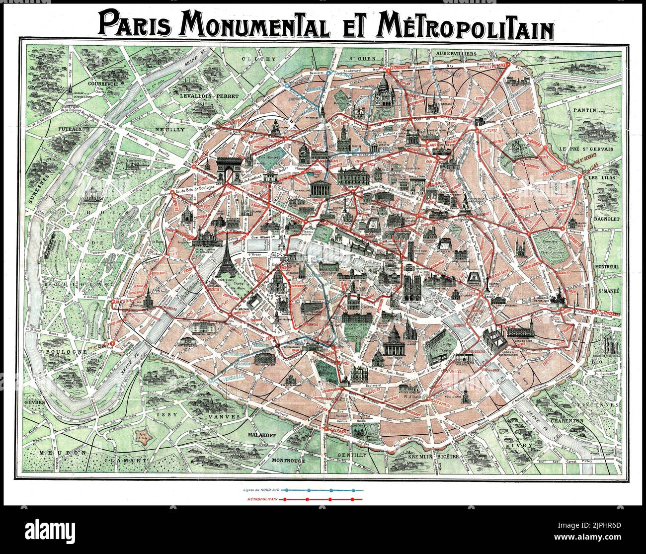 MAP 1930's Paris Monumental et Metropolitain.c. 1932 tourist pocket map
