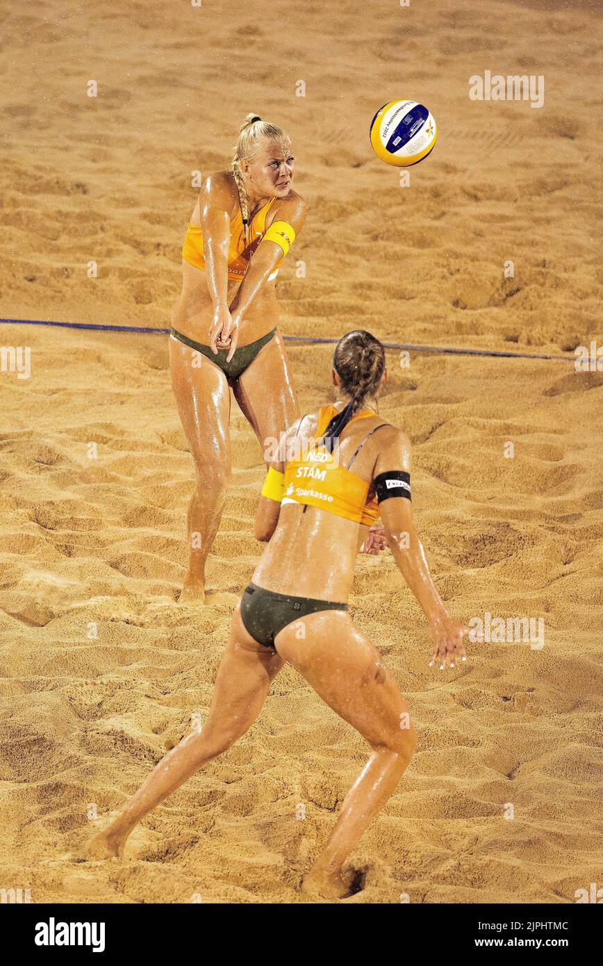 MUNICH - Katja Stam (r) and Raïsa Schoon (l) in action during the preliminary round of beach volleyball for women on the eighth day of the Multi-European Championship. The German city of Munich will host a combined European Championship of various sports in 2022. ANP IRIS VAN DEN BROEK Stock Photo