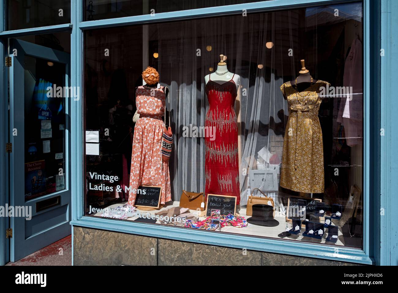 Window display of Carnivale, a vintage clothing shop in Bread Street, Edinburgh, Scotland, UK. Stock Photo