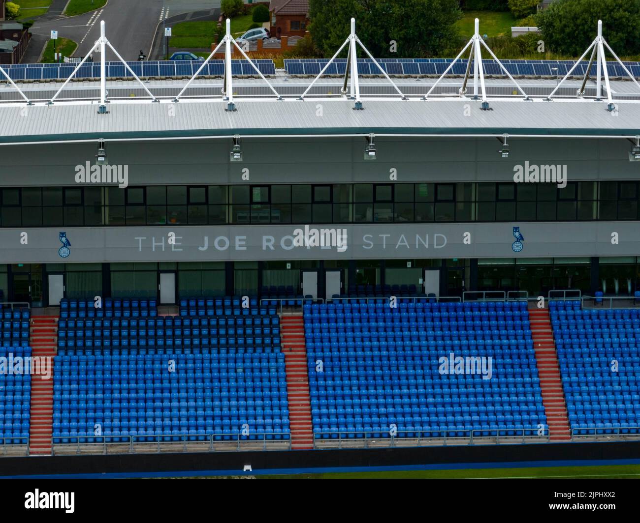 Boundary Park Aerial Drone From the Air, Oldham Athletic Football Club Stadium Birds Eye View