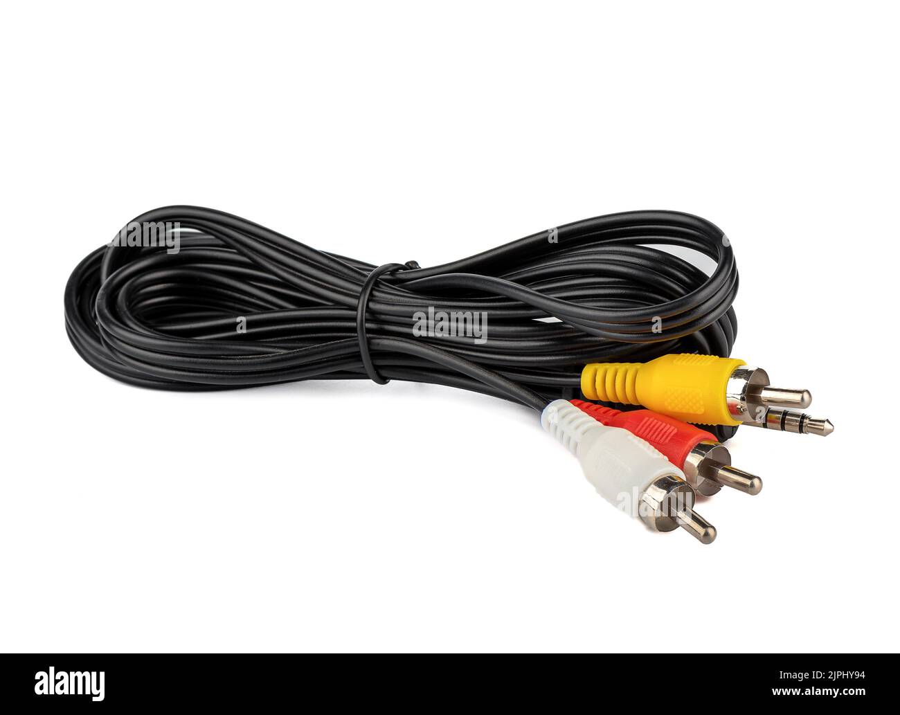 Twisted black cable with RCA connectors for analog signal transmission