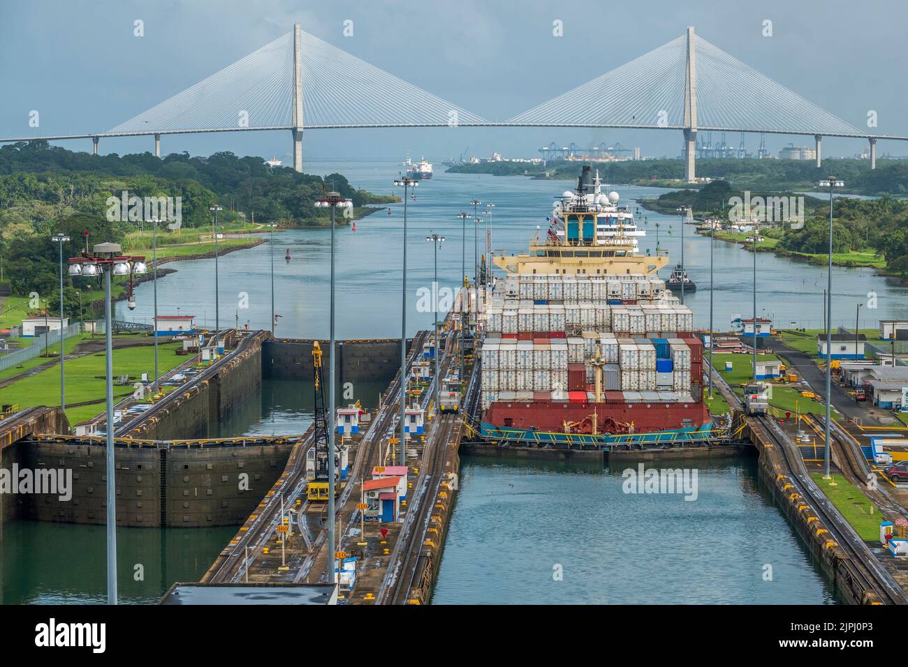 Container Ship Passing Through The Panama Canal, Panama, Central America Stock Photo