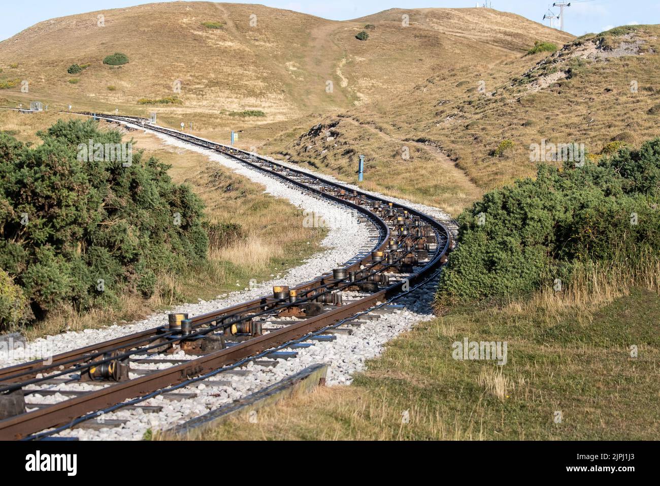 The cables and rollers of the Great Orme tramway on the surface of the tracks on the three cable upper section of the tramway  to equalize car weight Stock Photo
