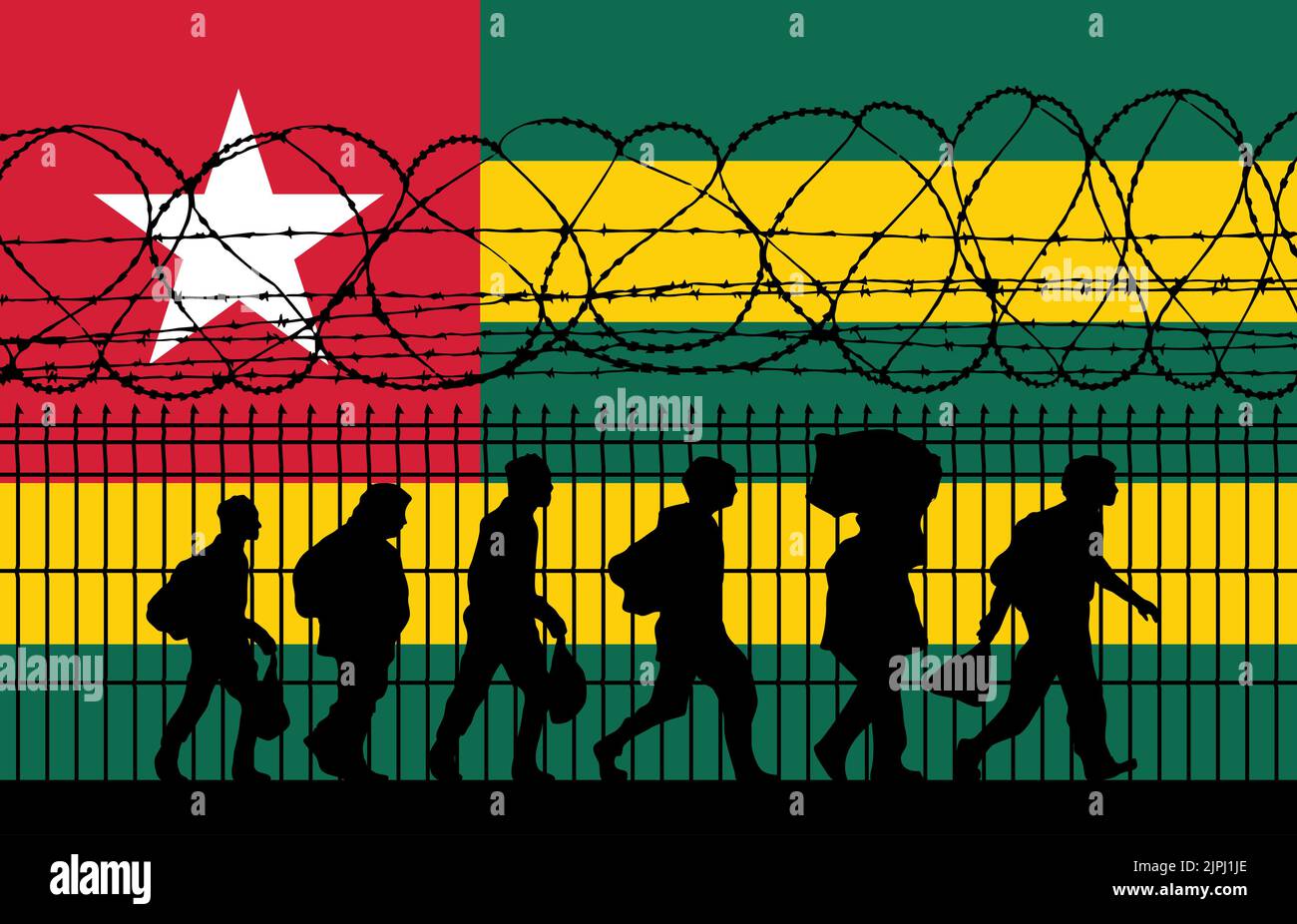 Togo Refugees near barbed wire fence. Migrants migrate to other