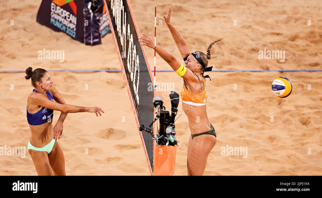 MUNICH - Katja Stam (r) in action during the preliminary round of beach volleyball for women on the eighth day of the Multi-European Championship. The German city of Munich will host a combined European Championship of various sports in 2022. ANP IRIS VAN DEN BROEK Stock Photo