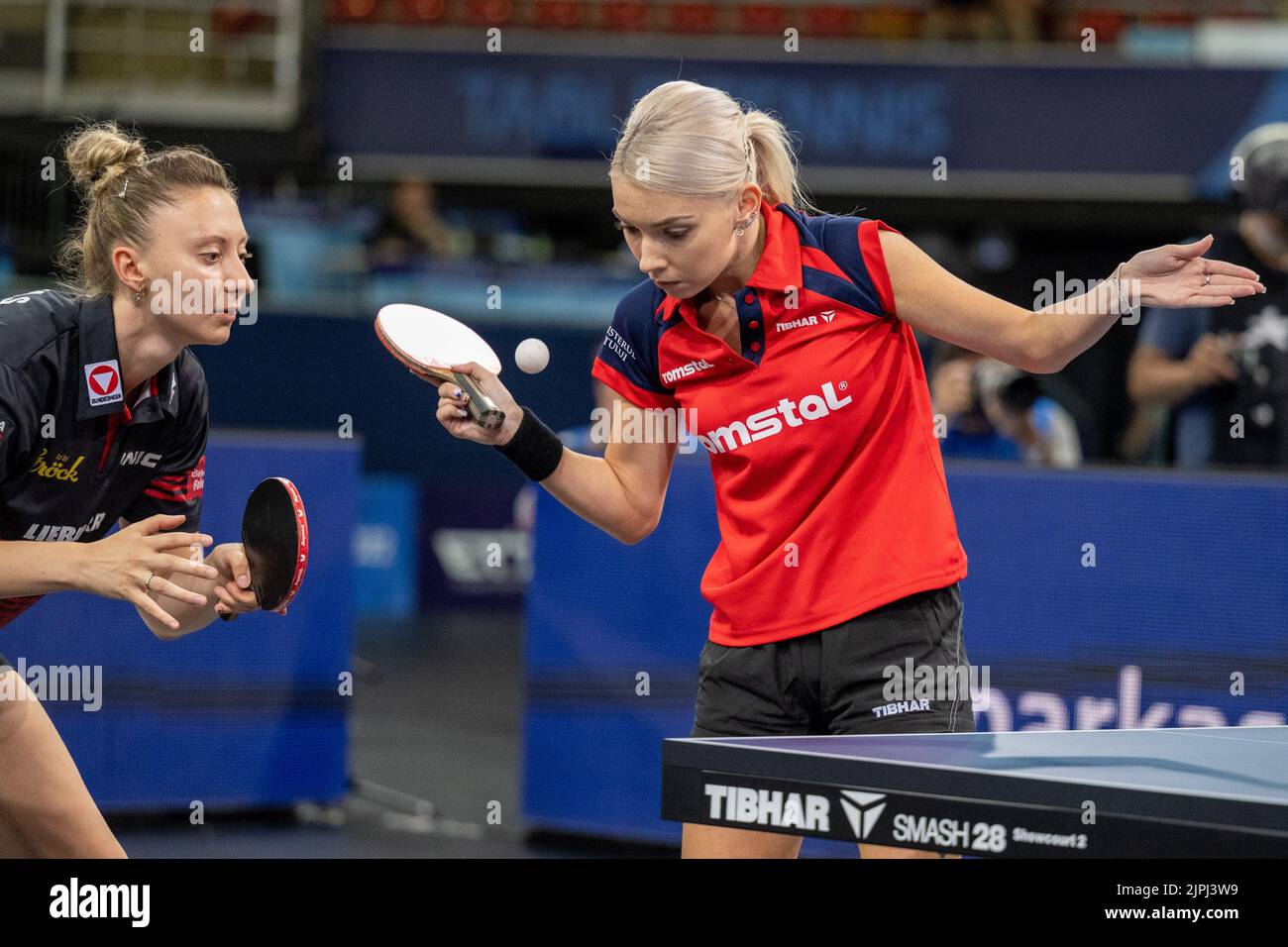 Munich, Germany. 18th Aug, 2022. Table Tennis: European Championship,  Doubles, Women, Final, Samara/Dragoman (Romania) - Polcanova  (Austria)/Sz·cs (Romania): Sofia Polcanova and Bernadette Szocs (r) in  action. Credit: Kolbert-Press/Gamel/dpa/Alamy Live