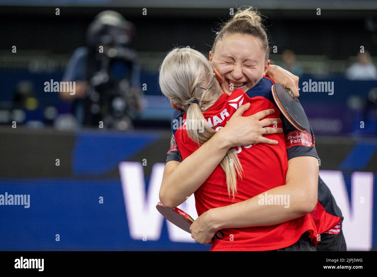 Munich, Germany. 18th Aug, 2022. Table Tennis: European Championship,  Doubles, Women, Final, Samara/Dragoman (Romania) - Polcanova  (Austria)/Sz·cs (Romania): Sofia Polcanova and Bernadette Szocs (r) in  action. Credit: Kolbert-Press/Gamel/dpa/Alamy Live