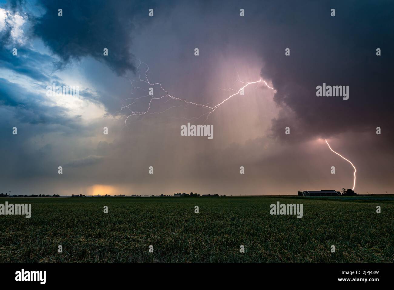 Wide angle view of lightning strike from a thunderstorm at sunset Stock Photo