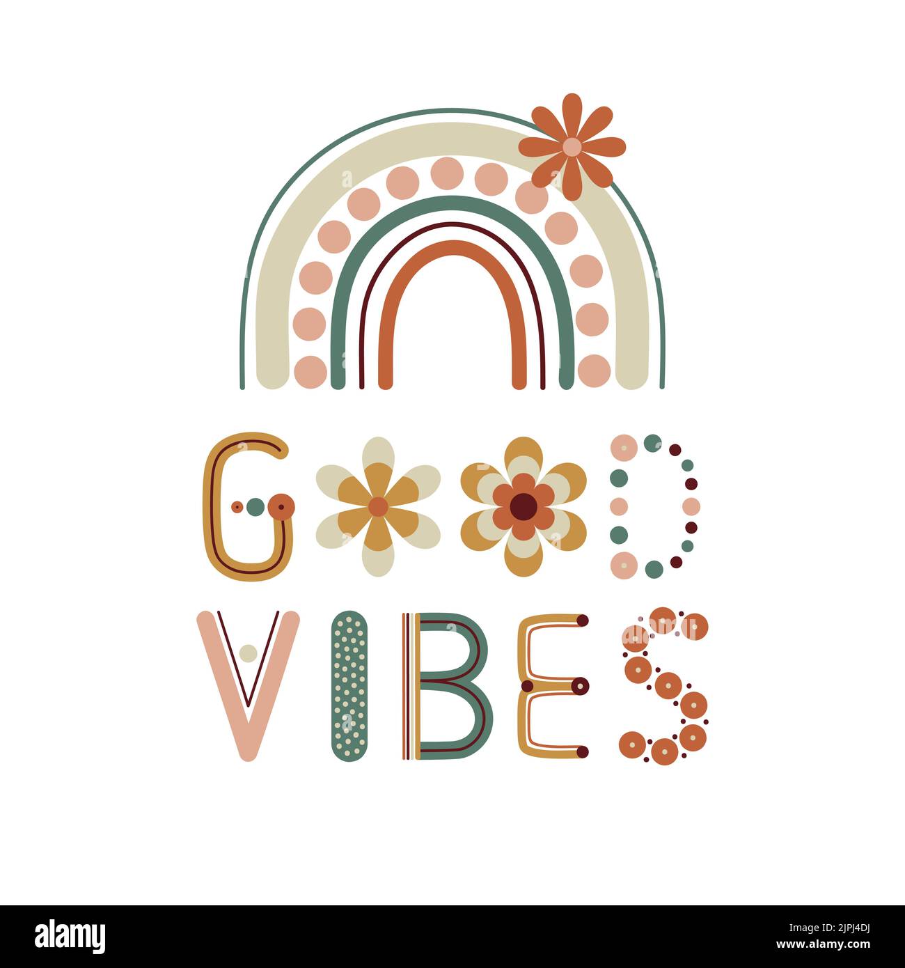 Good vibes quote 70 s groovy card prints with rainbow letters