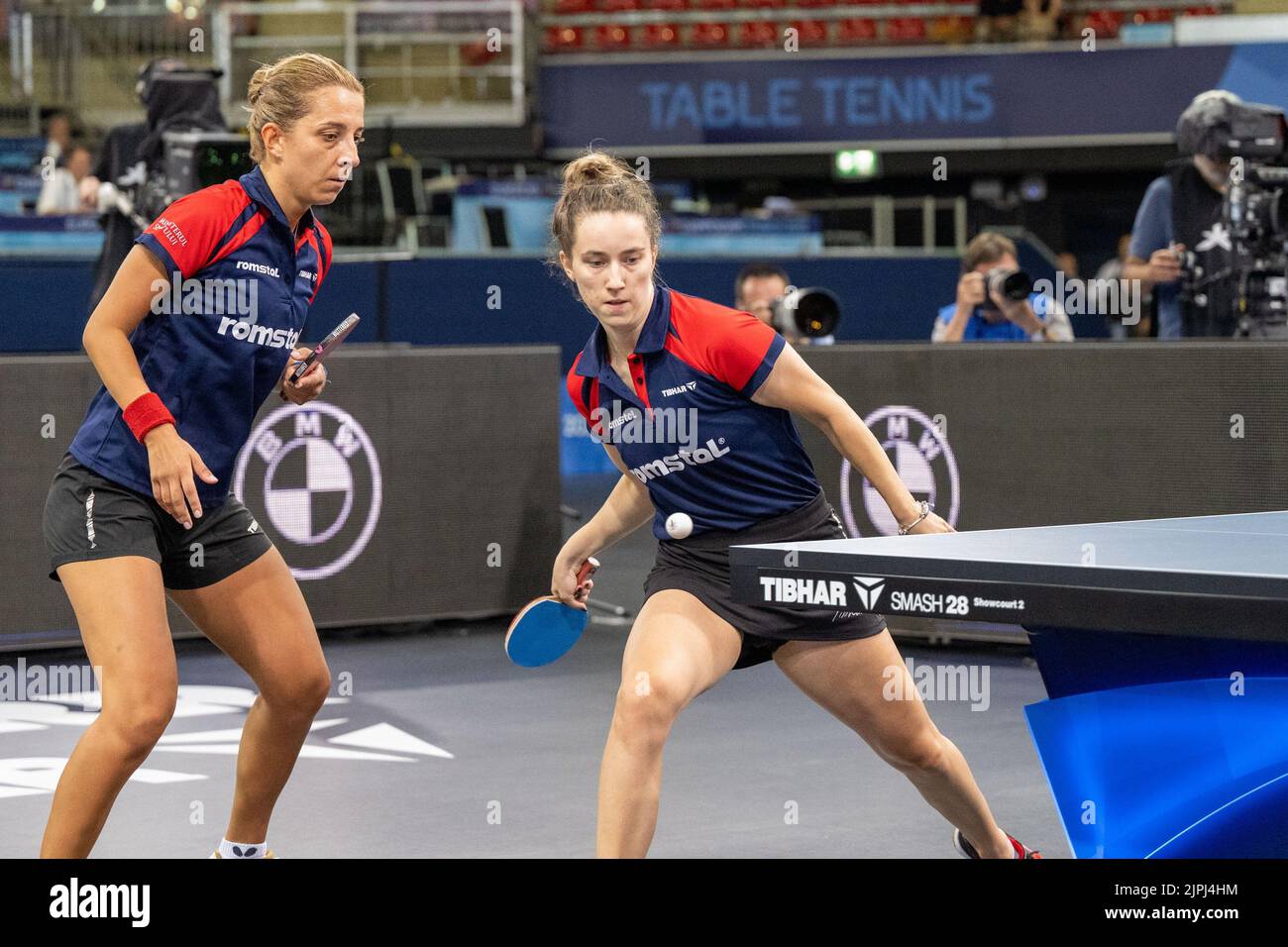 Munich, Germany. 18th Aug, 2022. Table Tennis: European Championship,  Doubles, Women, Final, Samara/Dragoman (Romania) - Polcanova  (Austria)/Sz·cs (Romania): Sofia Polcanova and Bernadette Szocs (r) in  action. Credit: Kolbert-Press/Gamel/dpa/Alamy Live