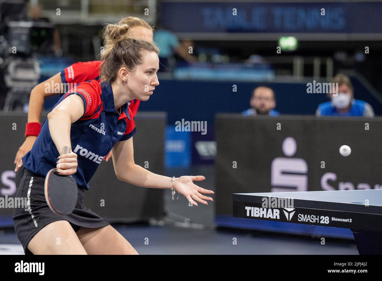 Munich, Germany. 18th Aug, 2022. Table Tennis: European Championship,  Doubles, Women, Final, Samara/Dragoman (Romania) - Polcanova  (Austria)/Sz·cs (Romania): Sofia Polcanova and Bernadette Szocs (r) in  action. Credit: Kolbert-Press/Gamel/dpa/Alamy Live