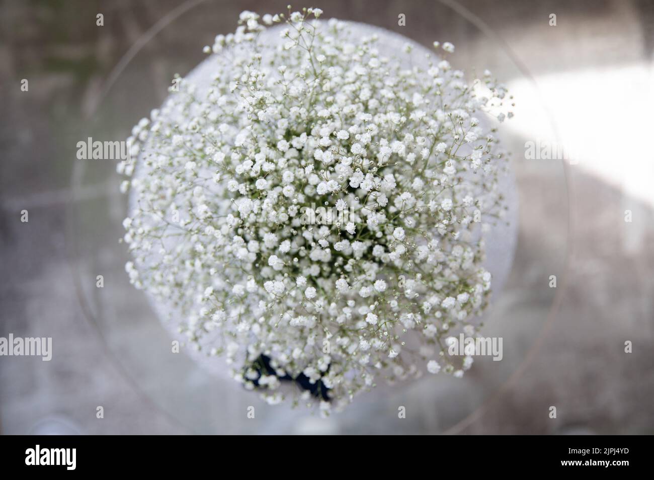 A top view of a white gypsophila bouquet with a blurred glass table and ...