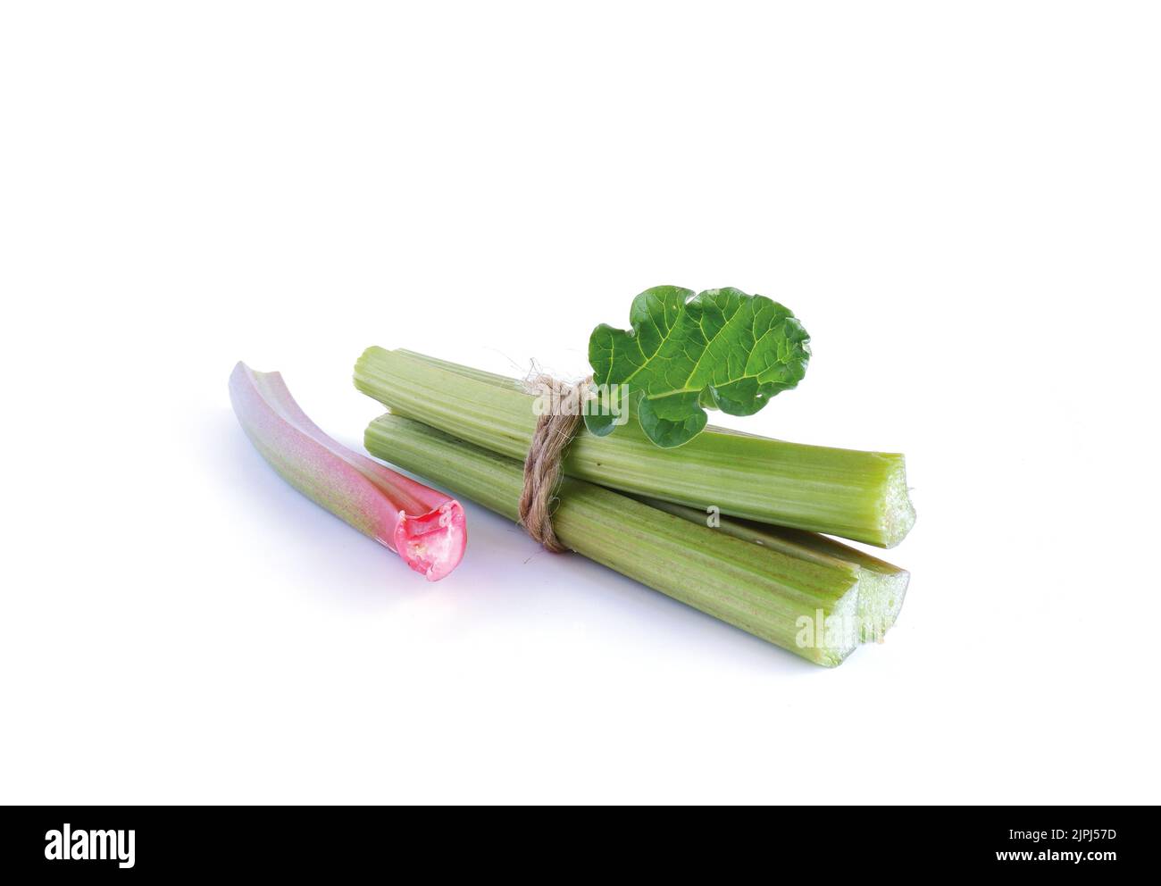 Red and green rhubarb stalks with a green leaf, tied with twine on a white background. Fresh useful plant from the garden.  Stock Photo